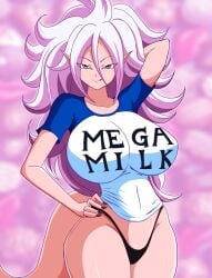 1girls android_21 android_21_(good) big_breasts black_nail_polish black_nails black_thong blue_eyes bottomwear breasts dragon_ball female female_only hair hand_on_hip hips huge_breasts kmkz-art majin majin_android_21 mega_milk nail_polish nails pink_body pink_hair pink_skin pointy_ears seductive seductive_look shirt solo solo_female thong tongue tongue_out topwear white_shirt