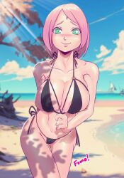 1girls areolae bare_arms bare_legs bare_shoulders bare_thighs beach big_breasts bikini bikini_pull biting_lip black_bikini black_panties black_swimsuit black_thong blush bob_cut boruto:_naruto_next_generations busty cameltoe cleavage detailed_background female female_focus female_only forehead_jewel forehead_mark fumo g-string green_eyes hi_res high_resolution highres large_areolae large_breasts light-skinned_female light_skin lipstick looking_at_viewer makeup mature mature_female medium_hair micro_bikini milf naruto naruto_(series) ocean pale-skinned_female pale_skin pink_lips pink_lipstick pink_nipples pinup pose posing sakura_haruno shoulder_length_hair shounen_jump skimpy skimpy_clothes smile smiling smiling_at_viewer solo solo_female solo_focus standing swimsuit thong toned toned_female voluptuous wide_hips