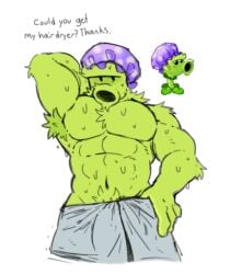 1boy 1male armpit armpit_hair bara chippychipster_(artist) gay green_body male male_only plantie plants_vs_zombies primal_peashooter_(pvz) purple_cap solo_male sweat