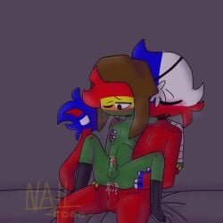 2boys blue_background bolivia_(countryhumans) chile_(countryhumans) countryhumans heart heart-shaped_pupils markings simple_background tagme yaoi