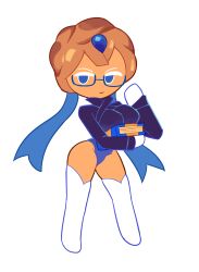 1girls 2023 blue_eyes blueberry_pie_cookie clothing cookie cookie_run cookie_run_kingdom cookie_run_ovenbreak female female_only glasses leotard librarian looking_at_viewer miscon short_hair simple_background solo stockings thick_thighs thighhighs