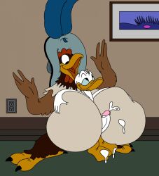 1boy 1girls anthro avian between_breasts chicken clara_cluck disney donald_duck duck full_body_paizuri huge_breasts paizuri_lead_by_female