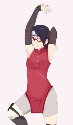 1girls arm_warmers armpit_fetish armpits arms_above_head arms_behind_head arms_up armwear bandage bandaged_leg black_eyes black_hair black_legwear boruto:_naruto_next_generations clothed clothing female female_focus female_only flat_chest forehead_protector fully_clothed glasses headband hi_res high_resolution highres kneehighs legwear light-skinned_female light_skin looking_at_viewer minishorts naruto naruto_(series) open_mouth pale-skinned_female pale_skin petite pinup pose posing pussy sarada_uchiha see-through see-through_clothing see-through_dress short_hair shorts shounen_jump sleeveless_dress solo solo_female solo_focus sombra222 standing tomboy vagina