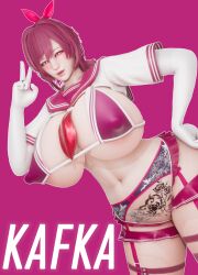 1girls 3d arcrad big_breasts bikini breasts busty curvaceous curvy curvy_body curvy_female curvy_figure female heart-shaped_pupils honkai:_star_rail huge_breasts kafka_(honkai:_star_rail) large_breasts peace_sign pink_eyes voluptuous