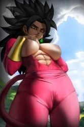 1girls abs big_breasts black_hair blush breasts busty dragon_ball dragon_ball_super ear_piercing earrings elitenappa female female_only female_saiyan fusion kefla large_breasts looking_at_viewer looking_down nipples outside pants pantylines piercing potara_earrings red_fur saiyan solo super_saiyan_4 tail thick_thighs topless wide_hips yellow_eyes