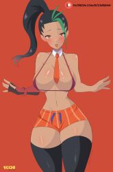 1girls athan-arion big_breasts bikini_top black_hair black_thighhighs blush bottomwear breasts cleavage female female_only game_freak green_highlights hair huge_breasts legwear necktie necktie_between_breasts nemona_(pokemon) orange_eyes orange_shorts pokemon pokemon_sv ponytail shorts solo solo_female swimwear thick_thighs thighhighs thighs tie topwear