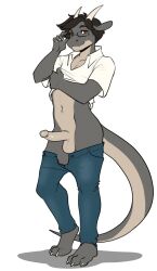 2023 3_toes 5_fingers alpha_channel anthro balls brown_eyes clothed clothing digital_media_(artwork) dragon eyebrows eyelashes eyewear feet fingers genitals glasses hi_res kittydee looking_at_viewer male male_only penis simple_background toes transparent_background wingless_dragon