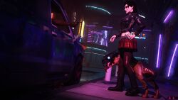 3d 3d_(artwork) 3dx 8k anasulewds black_hair boots cigarette collar commander_shepard dark-skinned_male ear_piercing face_tattoo femshep goth goth_girl leather_jacket mass_effect money neon_lights nose_piercing offering_money pale-skinned_female pale_skin paw_tattoo plaid_skirt ring ripped_clothing smoking stockings street tattoo truck truck_(vehicle) varren whale_tail