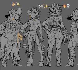 2023 andromorph anthro ass banan_zielony_(nudelinooo) belly_hair biped body_hair butt_hair canid canine chruscik_(nudelinooo) clothed clothing cowboy cowboy_outfit cukier_puder_(nudelinooo) cuntboy digital_media_(artwork) ear_piercing ear_ring emoji facial_piercing footwear front_view fully_clothed genitals girly greyscale group hairy_belly hi_res high_heels humanoid_genitalia humanoid_hands humanoid_penis hyena intersex male mammal monochrome navel nose_piercing nose_ring nudelinooo open_mouth open_smile original_character overweight overweight_andromorph overweight_anthro overweight_intersex partially_clothed penis piercing purse rear_view ring_piercing shoes smile spotted_hyena standing underwear