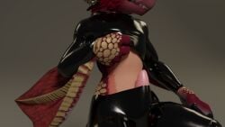 16:9 2023 3d absurd_res anthro beak bessa bessacuga blender_(software) bulge clawed_fingers claws clothed clothing clothing_lift curved_horn digital_media_(artwork) feathers genitals glistening glistening_body gold_scales hi_res horn latex latex_armwear latex_clothing latex_legwear latex_stockings male multicolored_body penis pink_penis poking_out red_body red_feathers rubber rubber_clothing rubber_suit scales simple_background smile solo standing teeth two_tone_body widescreen wings