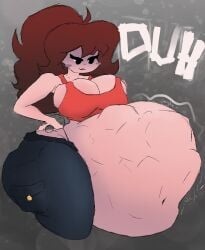 17bucks_girlfriend 1girls bellowithjello big_ass big_breasts blush brown_hair crop_top digestion friday_night_funkin girlfriend_(friday_night_funkin) hands_on_hips smirk tagme vore vore_belly