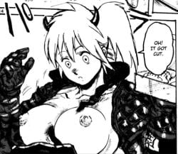 big_breasts big_nipples black_and_white comic_panel demon devil devil_horns dorohedoro manga monochrome nikaido nipples ripped_clothing