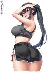 alternate_costume ass black_hair black_shorts blush breasts brown_eyes cowboy_shot cropped_legs ebifurya female from_behind grey_sports_bra hair_between_eyes highres kantai_collection large_breasts long_hair one-hour_drawing_challenge open_mouth ponytail shorts simple_background smile solo sports_bra twitter_username very_long_hair white_background yahagi_(kantai_collection)