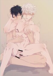 2boys anal anal_sex bandaids_on_nipples bar_censor bite_mark black_hair blush censored closed_eyes completely_nude flaccid gintama gintoki_sakata hand_on_another's_head hand_on_another's_stomach hickey_marks hijikata_toshiro male male_only nude one_eye_closed penis sitting sitting_on_lap sitting_on_person spread_legs toned toned_male white_hair yaoi yonetomo