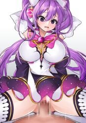 1boy aisha_landar arms_behind_head ass_visible_through_thighs back_bow blush bow breasts brooch censored cowgirl_position cowgirl_position dot_nose dress elbow_gloves elsword female gloves gradient_background hair_ornament head_tilt jewelry large_breasts long_hair looking_at_viewer magical_girl metamorphy_(elsword) mosaic_censoring motion_lines no_panties open_mouth penis pink_bow purple_bow purple_eyes purple_hair raised_eyebrows rape sex short_dress simple_background spread_legs straddling straight sula_(s_ra760) thighhighs twintails vaginal_penetration white_background white_dress white_gloves