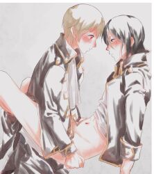 2boys against_wall anal anal_sex black_hair blush bottomless brown_hair carrying_partner clothed_sex eye_contact gintama implied_anal leg_lock light_brown_hair looking_at_another male male_only okita_sougo police_officer police_uniform profile red_eyes shinsengumi_(gintama) teen_boy teenager uniform yamazaki_sagaru yaoi younger_dom_older_sub younger_penetrating_older