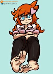 alternate_version_available arms_crossed arms_on_knees barefoot black_bodysuit blue_eyes blush cute female foot_fetish glasses hair_accessory jacket looking_at_viewer mario_(series) orange_hair penny_crygor pixiv reathroch soles solo_female toes twintails w_mouth warioware