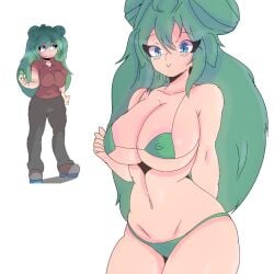 big_breasts bikini blue_eyes comparing double_bun green_bikini green_hair gunmin_(huesosdry) hair_bun happy huesosdry human original panties self_upload smile transformation