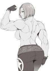 1girls absurd_res armpits ass back backboob biceps blue_mary breasts commission fatal_fury fingerless_gloves flexing gloves greyscale hi_res king_of_fighters large_breasts looking_at_viewer looking_back monochrome muscular muscular_arms muscular_back muscular_female short_hair simple_background snk solo speedl00ver topless triceps white_background