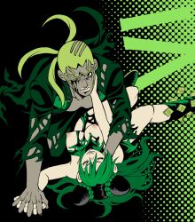 1boy 1boy1girl 1girls blood breasts closed_eyes dark-skinned_male dark_skin double_bun enrico_pucci green_hair holding_hands interlocked_fingers interracial jojo's_bizarre_adventure jolyne_kujo kidocch1 large_breasts long_hair male male/female nipples one_eye_closed stone_ocean straight two_tone_hair