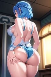 ai_generated ass ass_focus ass_grab bare_shoulders blue_eyes blue_hair blush breasts deep_skin embarrassed female from_behind genshin_impact half_updo huge_ass idyia_(genshin_impact) large_breasts shiny shiny_hair shiny_skin short_hair short_shorts shorts sideboob solo sweat thick_thighs