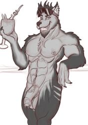 absurd_res anthro canid canine canis cocktail_glass container cup domestic_dog drinking_glass ear_piercing eyewear eyewear_on_head fur genitals glass glass_container glass_cup grey_body grey_fur hi_res husky itsjim itsjimmm jim_(itsjim) male mammal muscular muscular_anthro muscular_male nipple_piercing nipples nordic_sled_dog penis piercing siggy_atrox spitz sunglasses sunglasses_on_head