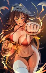 1girls action_pose alternate_version_available animal_ears bikini blue_eyes breasts brown_hair dehya_(genshin_impact) female foxy_rain_(foxyreine) foxyrain_(foxyreine) foxyreine genshin_impact large_breasts long_hair punching thick_thighs thighs