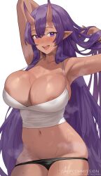 1girls areola_slip arm_behind_head big_breasts blush commission female female_only hi_res horns long_hair looking_at_viewer nhaliz oni oni_horns open_mouth panties pointy_ears purple_eyes purple_hair smiling smiling_at_viewer solo sumire_(sumiremasen) very_long_hair white_background