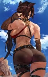 1girls animal_ears ass ass_focus breasts brown_hair brown_skin bubble_butt daytime dehya_(genshin_impact) faceless_female female genshin_impact hi_res huge_breasts large_ass long_hair loooyd outdoors thick_thighs