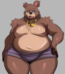 absurd_res anthro baby_bear_(puss_in_boots) bear belly blue_eyes brown_body brown_fur clothing fur hi_res jewelry male mammal nathanatwar navel necklace nipples overweight puss_in_boots_the_last_wish solo underwear whateverdoes