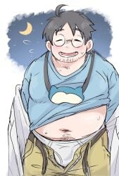 balls blush bulge chubby eyes_closed facial_hair glasses koginoro_28 labcoat male male_only nintendo open_fly overweight penis pokemon professor_neroli shirt sleep_mask solo solo_male sweaty underwear undressing