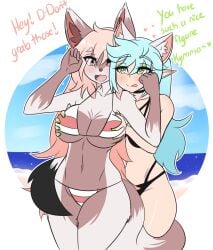 2d 2girls animal_ears animal_tail anthro beach big_breasts bikini bikini_top blue_hair breasts dialogue elphy_(kinathefox) female female/female female_focus female_only fox_ears fox_girl fox_tail fur furry grabbing_breasts grabbing_from_behind green_eyes hands_on_breasts highres kinathefox kymma_(kymmafox) long_hair speaking tagme tail talking talking_to_another text thick_thighs thighs two_tone_fur wide_hips yuri