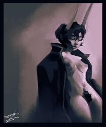 erect_nipples fantroll homestuck homestuck_oc horns jacket_on_shoulders jacket_only monochrome ms_paint_adventures painting pubic_hair softcore soldierexclipse tagme topless