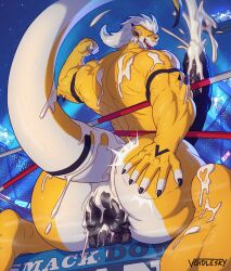 absurd_res anthro anus bandai_namco bodily_fluids butt_slap canid canine canis cum cum_drip cum_in_ass cum_inside cum_on_face cum_on_penis cumshot digimon digimon_(species) dragon dripping ejaculation feet fighting_ring flexing genital_fluids genitals hi_res hyper male mammal muscular muscular_anthro muscular_male penis public puffy_anus sitting_on_another size_difference slap spread_anus spreading veegrowmon vein veiny_penis voidlesky voidlesky_(character) wolf wrestling