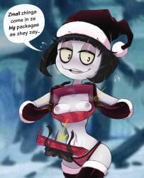 1girls adult_swim christmas creepy_susie gloves goth hat looking_at_viewer nipples panties present_box present_wrap santa_costume santa_hat small_breasts stockings talking_to_viewer the_oblongs thong