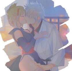 1boy 1girls 86lhoa blonde_hair breast_press breast_squish chonmage female fully_clothed gintama gintoki_sakata hair_ornament hand_on_another's_head intimate japanese_clothes kimono kissing male obi profile romantic romantic_ambiance romantic_couple side_slit single_detached_sleeve tsukuyo