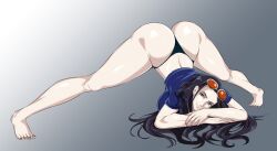 1girls alternate_version_available ass big_ass big_breasts black_hair blue_eyes breasts eyewear_on_head female female_only huge_ass jack-o_pose kimkun0162 large_ass large_breasts long_hair nico_robin one_piece post-timeskip source_request spread_legs sunglasses sunglasses_on_head
