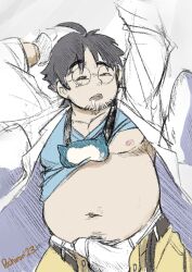 arms_up balls boner bulge chubby closed_eyes drooling erection erection_under_clothes facial_hair glasses labcoat male male_only nintendo open_fly overweight penis pochiron pokemon professor_neroli shirt shirt_up sleeping solo solo_male underwear