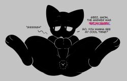 abigrock anthro anus ass balls black_body black_fur bored_expression domestic_cat english_text felid feline felis fur genitals hi_res male mammal perineum presenting presenting_anus short_stack solo text