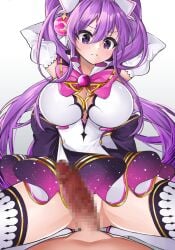 1boy aisha_landar arms_behind_head back_bow blush bow breasts brooch censored closed_mouth cowgirl_position cowgirl_position dot_nose dress elbow_gloves elsword female glaring gloves gradient_background hair_ornament head_tilt imminent_penetration imminent_vaginal jewelry large_breasts long_hair looking_at_viewer magical_girl metamorphy_(elsword) mosaic_censoring no_panties penis pink_bow purple_bow purple_eyes purple_hair rape short_dress simple_background spread_legs straddling straight sula_(s_ra760) thighhighs twintails white_background white_dress white_gloves