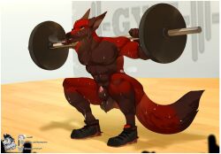 animal_genitalia anthro balls blaze_wolf bodily_fluids canid canine canis clothing exercise footwear footwear_only fully_sheathed genitals gym male mammal mostly_nude nozomyarts nude sheath shoes shoes_only solo sweat weightlifting wolf workout