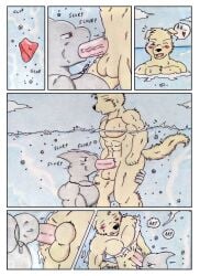 abs absurd_res anthro balls barazoku biceps blue_eyes blush blush_lines bubble canid canine canis clothing comic comic_panel dashthefox dog_tags domestic_dog dominant dominant_anthro dominant_male duo fellatio fish fluffy fluffy_tail genitals hi_res looking_pleasured male male/male mammal manly marine muscular obliques onomatopoeia oral pecs penile penis pink_penis red_eyes sea sex shark sound_effects swimwear tail text traditional_media_(artwork) underview underwater underwater_sex underwater_view underwear water