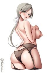 ass bangs black_panties blush breasts chitose_(kantai_collection) covering covering_breasts cropped_legs ebifurya female from_behind garter_belt grey_eyes grey_hair hair_ribbon highres kantai_collection large_breasts long_hair looking_at_viewer looking_back mature_female milf one-hour_drawing_challenge open_mouth panties panties_over_garter_belt parted_bangs ponytail ribbon shoulder_blades simple_background skindentation smile solo thighhighs thighs topless twitter_username underwear underwear_only white_background white_ribbon