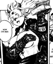 big_breasts big_nipples black_and_white breasts_out comic_panel covered_nipples covering_breasts demon devil devil_horns dorohedoro long_hair monochrome nikaido ripped_clothing