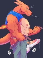 abs absurd_res bottomwear charizard clothed clothing erection erection_under_clothing generation_1_pokemon genitals ggan_ggandi hi_res humanoid_genitalia humanoid_penis male nintendo nipples open_bottomwear open_clothing open_pants pants penis pokemon pokemon_(species) solo