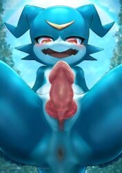 2023 anthro anus ass bandai_namco blue_arms blue_body blue_butt blue_legs blue_tail blush digimon digimon_(species) erection front_view genitals male nude open_mouth penis pink_penis shoru solo spread_legs spreading tail tongue veemon