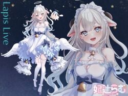 angel animal_ears blue_eyes breasts choker collarbone crying dress droopy_ears female hitsuji_rum horns huge_breasts kneehighs lace lapislive light_smile over_shoulder ring_of_angels sa_ya sheep sheep_ears sheep_horns shoulder socks thick_eyebrows white_choker white_dress