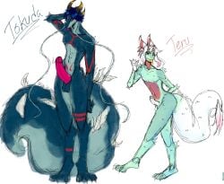 anthro balls barbel_(anatomy) dragon duo flesh_whiskers genitals girly hi_res keni_kun_sama male male/male penis size_difference teru(oc) tokuda(oc)