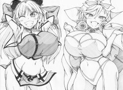 2girls ahoge armpits ass_visible_through_thighs bangs cameltoe cape cleavage collar crop_top curly_hair duo elbow_gloves eyebrows_visible_through_hair female female_only front_view garter_straps groin ha_jin hair_ornament haruka_(senran_kagura) huge_breasts light-skinned_female light_skin long_hair looking_at_viewer medium_hair midriff miniskirt monochrome navel nipple_bulge one_eye_closed open_mouth parted_bangs pencil_(artwork) renka_(senran_kagura) ribbon senran_kagura simple_background smile standing straight_hair teeth white_background