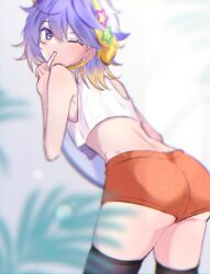 1boy ass ass_focus aster_arcadia back back_view bare_back bare_shoulders butt butt_focus closed_eye exposed_shoulders eye_closed femboy finger_over_mouth hair_accessory leggings legwear looking_at_viewer looking_back nijisanji nijisanji_en one_eye_closed purple_hair short_shorts shorts sleeveless sleeveless_shirt solo solo_focus solo_male star_hair_ornament stockings teasing teasing_viewer thighhighs thighs two_tone_hair uuoottuu virtual_youtuber wink winking_at_viewer yellow_hair